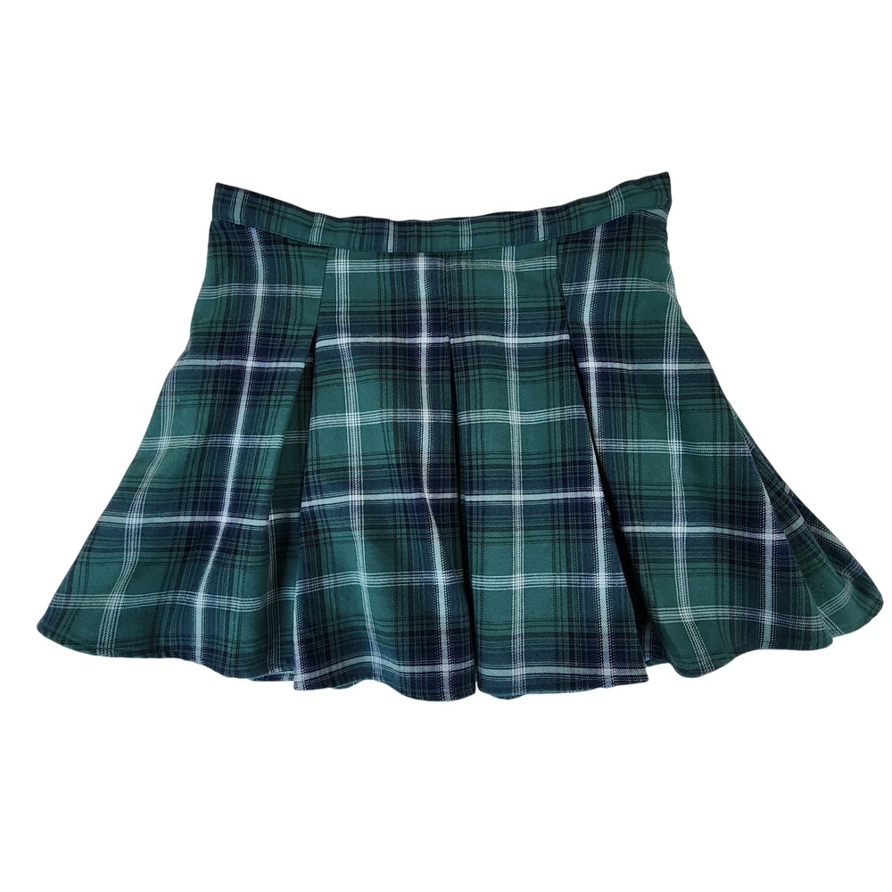 Pleated Mini Skirt Size 9 Green Plaid Side Zip Flirty Ruffle School Girl #2280